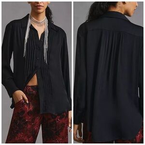 Anthropologie Plus The Tuxedo Blouse Black Pleated Button Up Shirt Top 2X NEW!